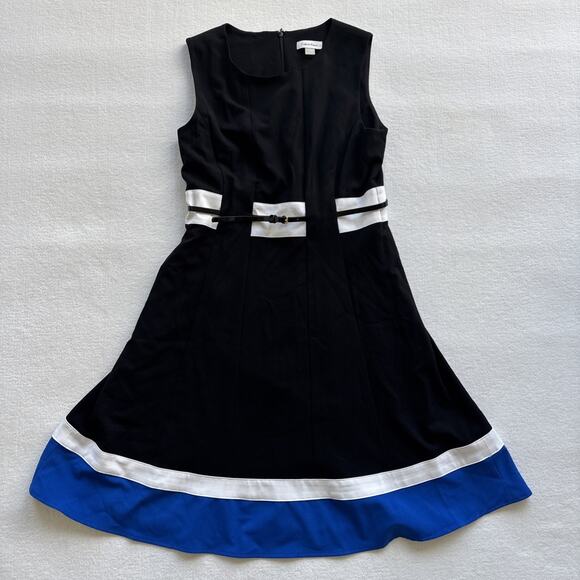 Calvin Klein Dresses & Skirts - Calvin Klein Black Black Blue Sleeveless Fit & Flare‎ Dress 8 Belted Colorblock